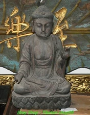 19'' Old Wood Lacquerware Painting Shakyamuni Sakyamuni Amitabha Buddha Statue