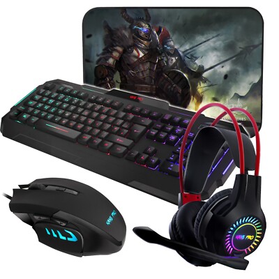 Gaming Tastatur und Maus 4 in 1 Headset Matte Set Regenbogen LED USB kabelgebunden für PC UK