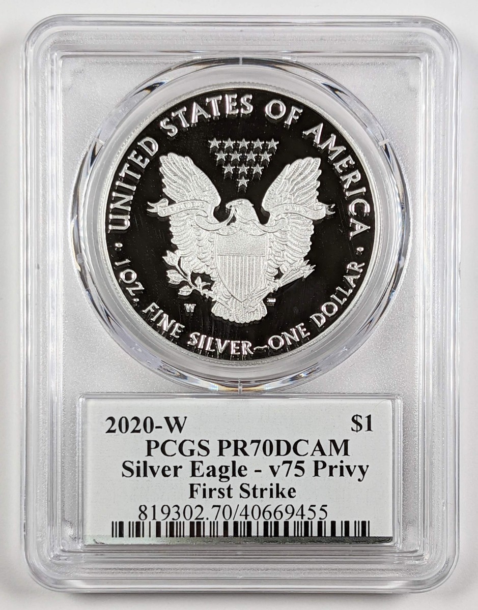 2020 W WWII American Silver Eagle V75 Privy First Strike PCGS PR70