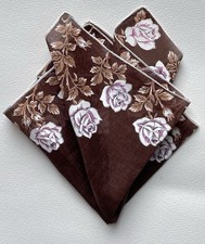 Vintage Brown w/ Pink Roses Floral Handkerchief / Pocket Square Hand Rolled 15"