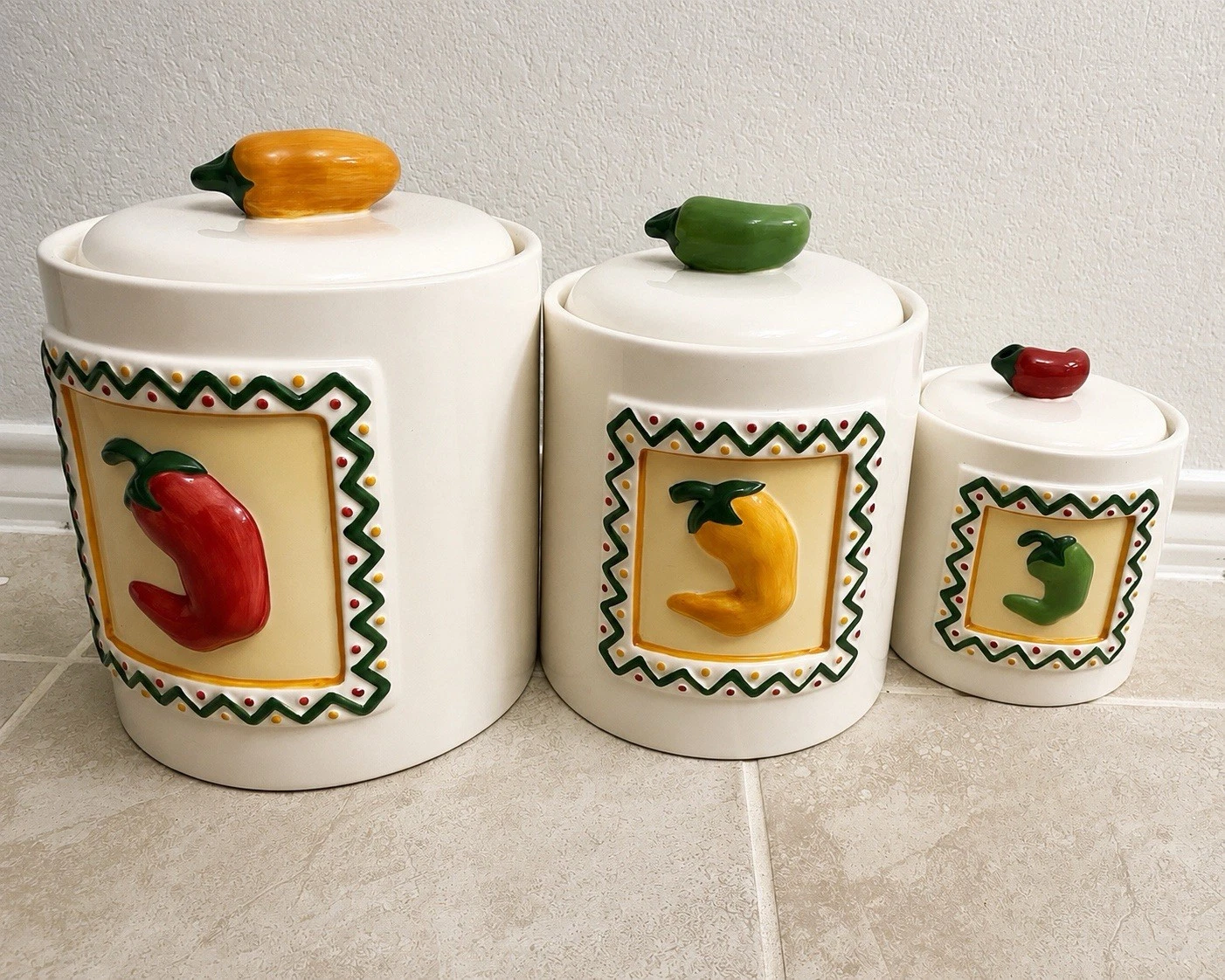 Clay Art Chili Pepper 3 Pc Canister Set 1999 Hand Painted Stoneware Southwest