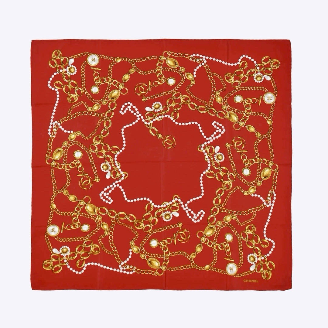 希少CHANEL goldchain scarf 美品 Vintage CHANEL Silk Scarf Red CC Logo Gold Chain Rare | eBay