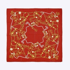Vintage CHANEL Silk Scarf Red CC Logo Gold Chain Rare