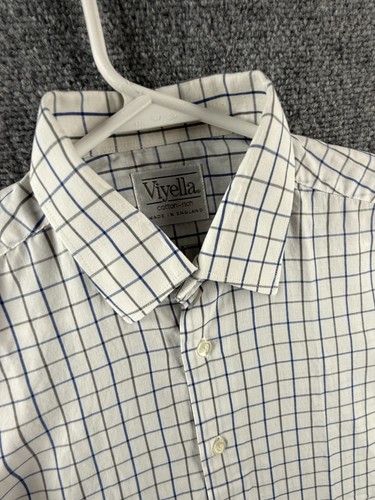 Camisa Viyella Algodón Rica Hecha en Inglaterra Azul Blanco Cuadros Abotonada Manga Corta - Imagen 7 de 13