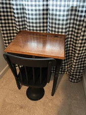Antique Wood Schoolhouse Flip Top Desk & Cast Iron Adjustable Base Chair Boston