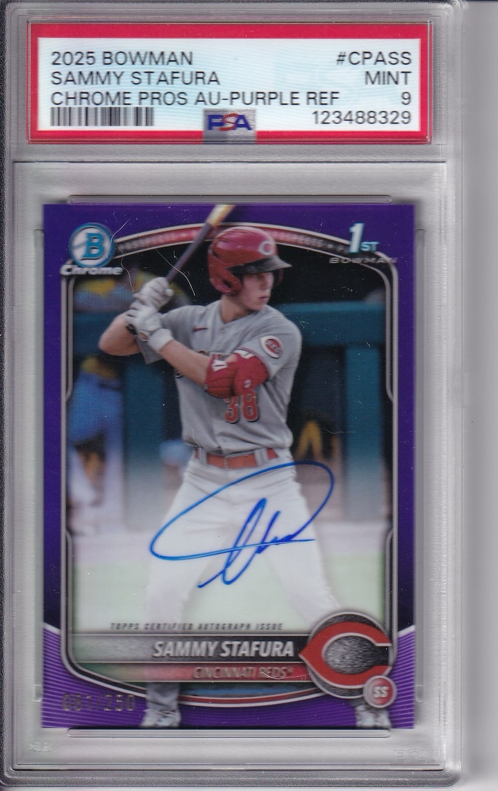 2025 Bowman Chrome Prospect Autographs Sammy Stafura #CPASS (AU, RC) Purple /250