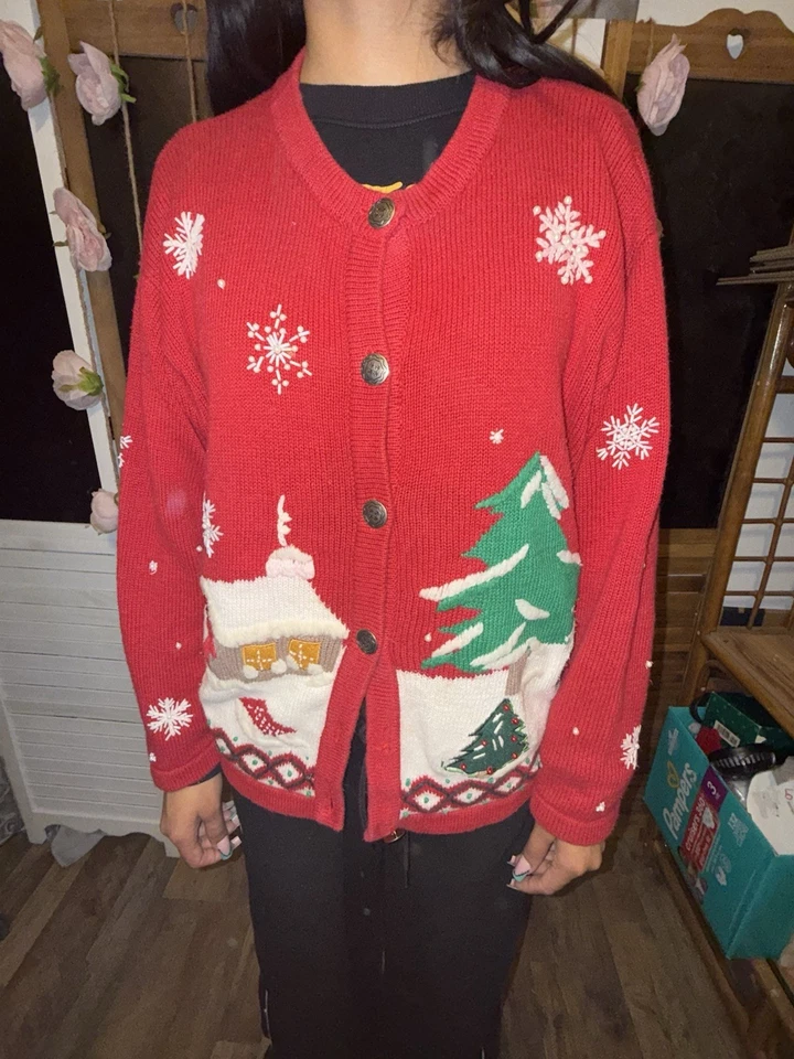 Vintage Red Christmas Cardigan Sweater with Cabin Design. Size XL - Image 2 of 4
