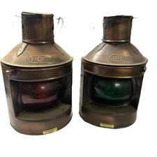 Pair Vintage Copper Nautical Ship Lanterns Port & Starboard Red Green Glass