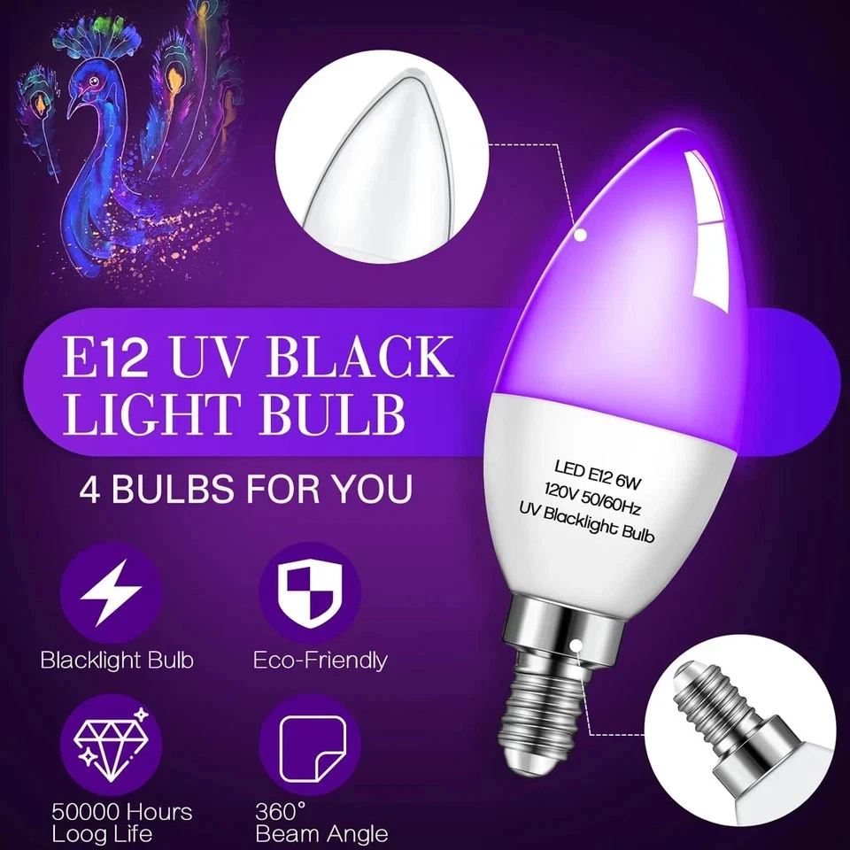 4 Pieces LED Black Light Bulb 6W E12 Base Blacklight Candle Bulb Glow in the Dar - Image 3 of 4
