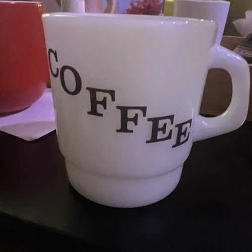 VINTAGE GLASBAKE WHITE MILK GLASS BLK LETTER COFFEE  MUG CUP