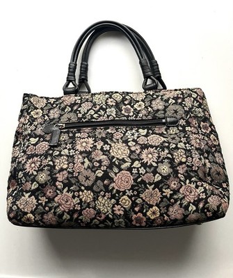 VINCENZO VALENTINO Floral Tapestry Handbag Black Leather Handle