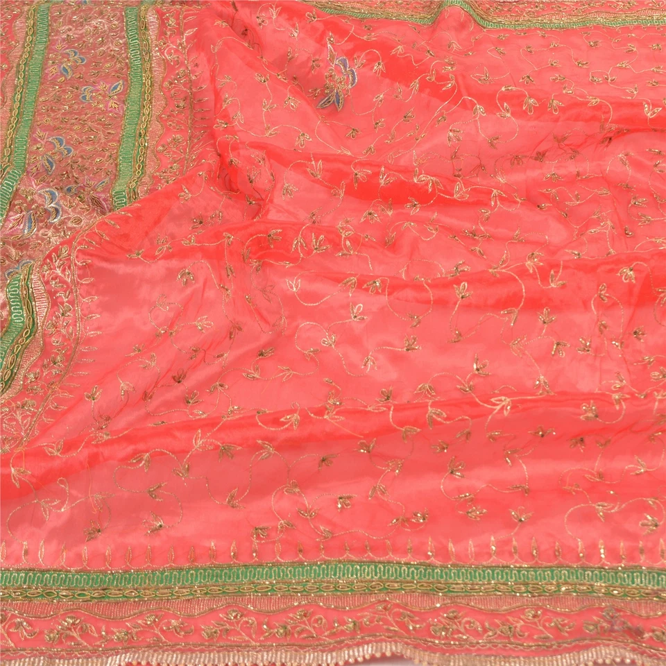 Estola de trabajo Zardozi con cuentas rojas seda arte dupatta boda vintage sánscrito Foto 3 de 4