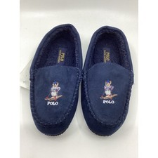 Polo Ralph Lauren Mens Navy Blue Skiing Polo Bear Moccasin Slippers Size 6 NEW