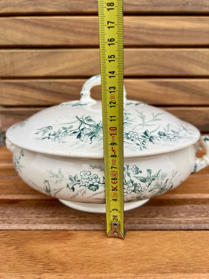 Ancien légumier Creil et Montereau Linotte vert faïence terre de fer oiseaux - Photo 3/4