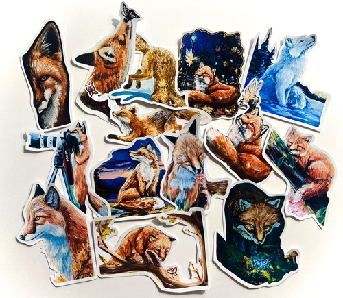 aceo original vinyl stickers Flower red fox Bug animal art cupcakewithsugar_arts