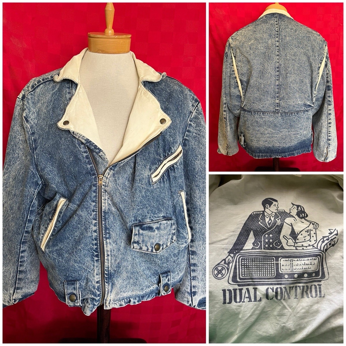 VINTAGE Dual Control 1980s 80s HEAVY Denim Jacket w White Leather 