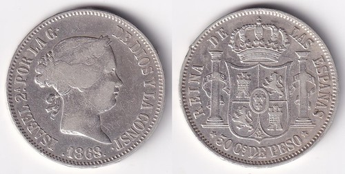 1868 ISABEL II 50 Centimos Spanish Philippine Silver Coin KM# 147, Stock - Z10 - Afbeelding 4 van 4