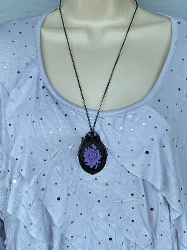 Purple Rose Cameo Black Necklace Brooch Wedding Gothic Rockabilly Hat Pin Amulet - Picture 5 of 10