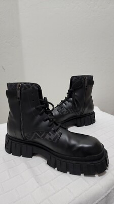 Fendi Force Mens 11US 44EU Black Leather Lugged Plain Toe Ankle