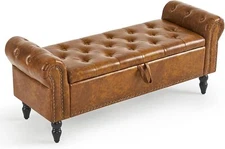 Storage Ottoman Bench - Leather Upholstered Ottoman with Solid Wood Legs