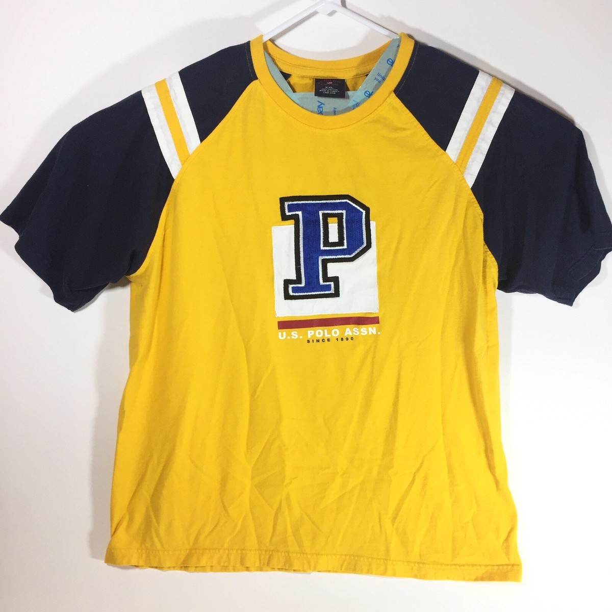 Vintage 90s US Polo Assn Big P Logo T Shirt Mens Yellow Blue  