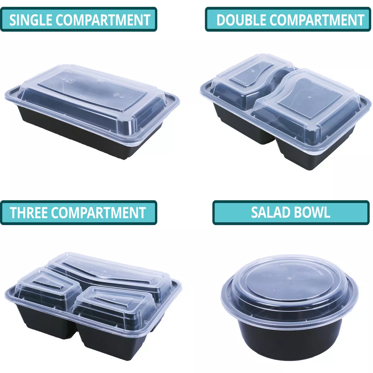 BLACK REUSABLE MEAL PREP MICROWAVE FOOD CONTAINERS BOXES WITH LIDS *ALL  SIZES*