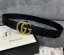 Authentic Gucci Black Leather Belt, Gold GG Buckle - Women Size 10-12 100cm