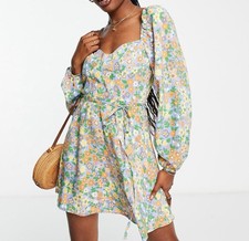 ASOS Dress Womens 12 Mini Floral Milkmaid Corset Long Puff Sleeve Tie Romantic