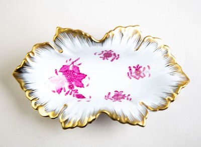Herend Chinese Bouquet Raspberry Oval Leaf Dish #7794 Vintage Porcelain Hungary