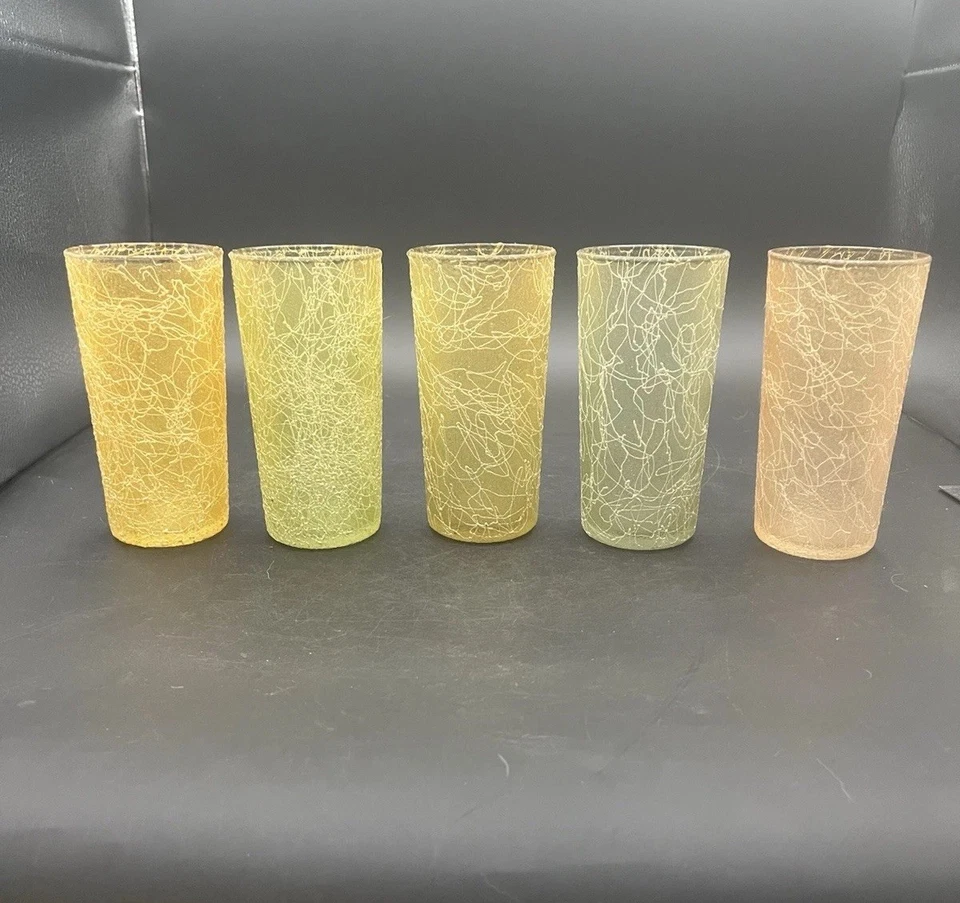 Vintage Spaghetti String Glasses Set Of Five Mid Century Mod Textured - Image 3 of 4
