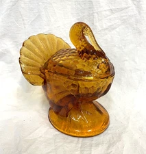 Vintage L. E. Smith Amber Glass Turkey Lidded Candy Dish Thanksgiving Server