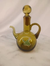 Vintage 5.5" Olive Green Glass Handcrafted Oil Cruet With Stopper Made In Spain