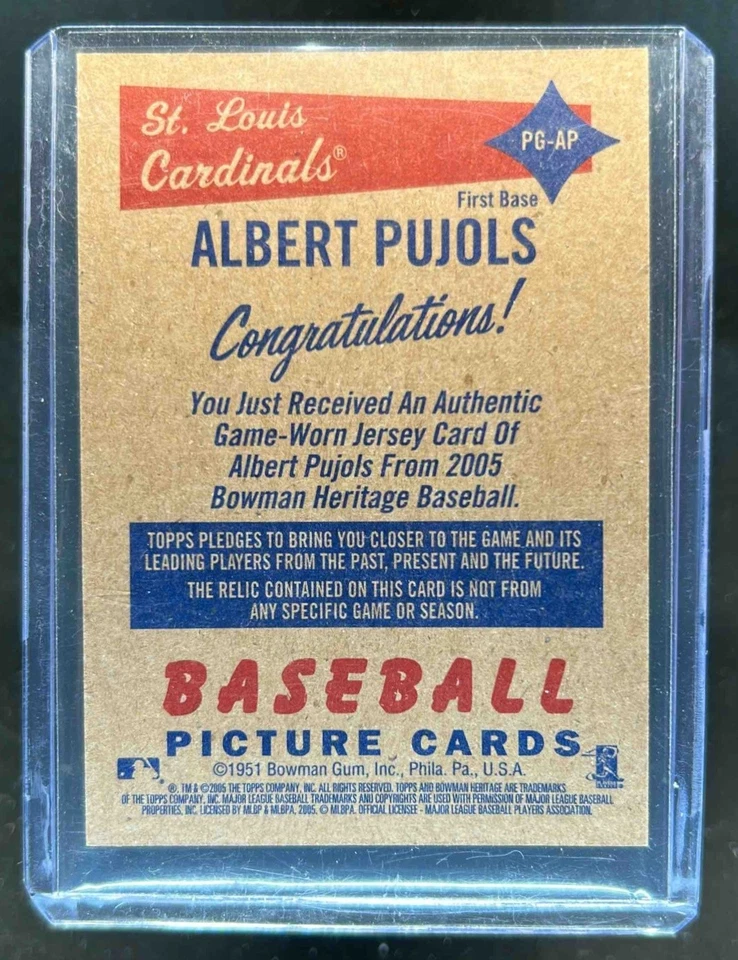 2005 Bowman Heritage Albert Pujols Pieces of Greatness Relics #PG-AP Cardinals - Image 2 of 2