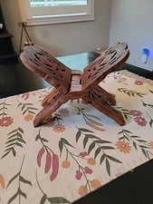 Vtg Teak Wood Book Stand Cookbook Hand Carved -Folding- India