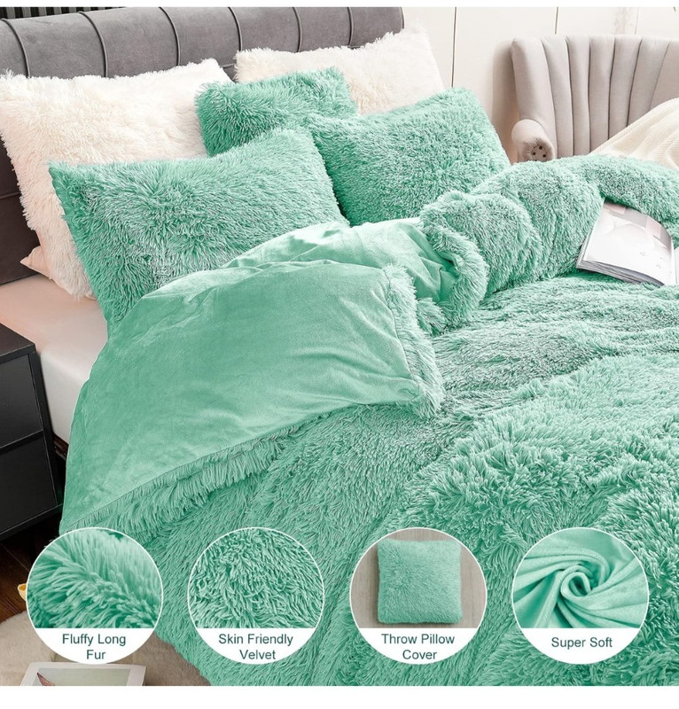 Fluffy Plush Duvet Cover Set Size, Luxury Ultra Soft Velvet Queen Aqua Green 4pc