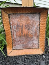 Vintage Hand Tooled Leather Picture Artwork/tray Made In USA 15x12in Folk Art