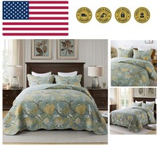 3-Piece Quilt Set Quilted Bedspread Cotton Coverlet Set Floral Printed Oversi...
