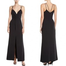 Parker Black Label Aiden Crepe Maxi Black Dress Front Center Slit Strappy 12