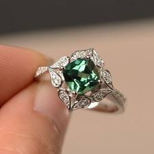 Lab created Green Sapphire Ring Cushione Cut Gemstone Rings Silver Wedding Rings