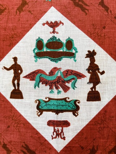 MWT 40s/50s Kimball TAMMIS KEEFE Linen Handkerchief AMERICANA Ginger/Teal EXC - Picture 3 of 11