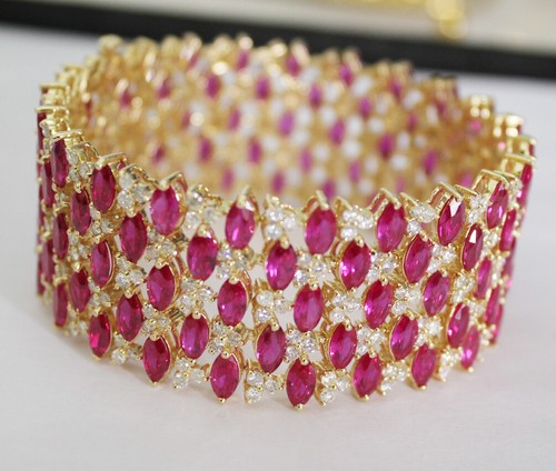 9.88ct Natural Round Diamond 14KBIS Hallmarked Yellow Gold Ruby Wedding Bracelet - Picture 9 of 12