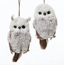 Kurt Adler Owl Christmas Ornaments Set of 2 White Gray