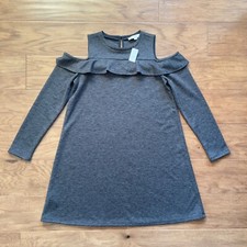 NWT Loft Dress Size M Charcoal Gray Cold Shoulder Long Sleeve Ruffle