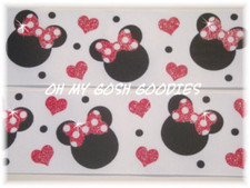 5 YD SALE 1.5 GLITTER MINNIE MICKEY MOUSE POLKA DOT BOWS HEARTS GROSGRAIN RIBBON