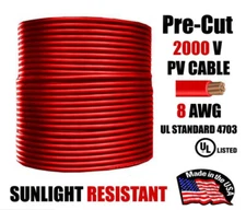 8 AWG PV Wire Red Solar Cable 1000/2000V Copper – Pre-Cut 50–400 Ft