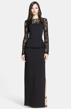 ST. JOHN Black ROSE Rhinestone Lace Sheer Long Sleeve Peplum Knit Gown Dress 8 M