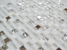 CUT SAMPLE Ice White Glass Metal Square or Brick Backsplash Border Wall Mosaic