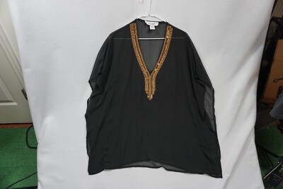 SANTE CLASSICS Womens Size M Kaftan Satin Accents V-Neck Black Gold Rhinestone