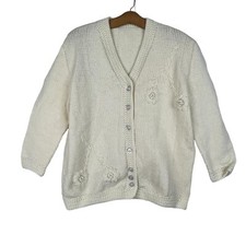 Vintage Handmade Button Front Cardigan VNeck 3/4 Sleeve White Size Medium
