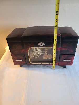 Vintage Black Lacquer Japanese Jewelry Box Rickshaw Music Box non